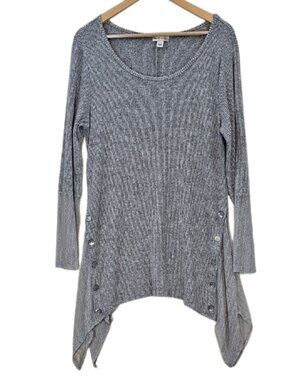 World Unity Grey Ribbed Knit Tunic Top Asymmetrical Lagenlook Size L Lace Cuffs